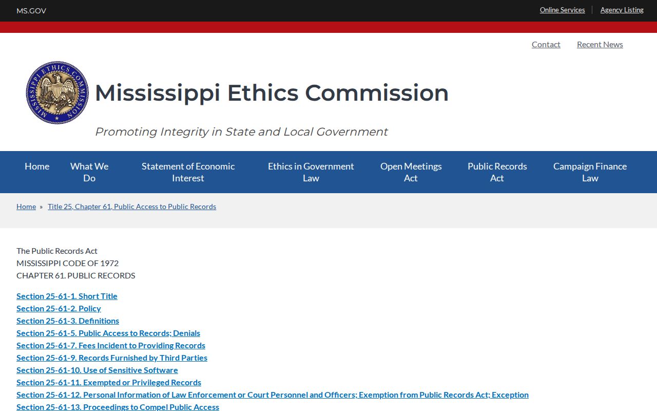 Jasper County booking record request reference, Mississippi Public Records Act